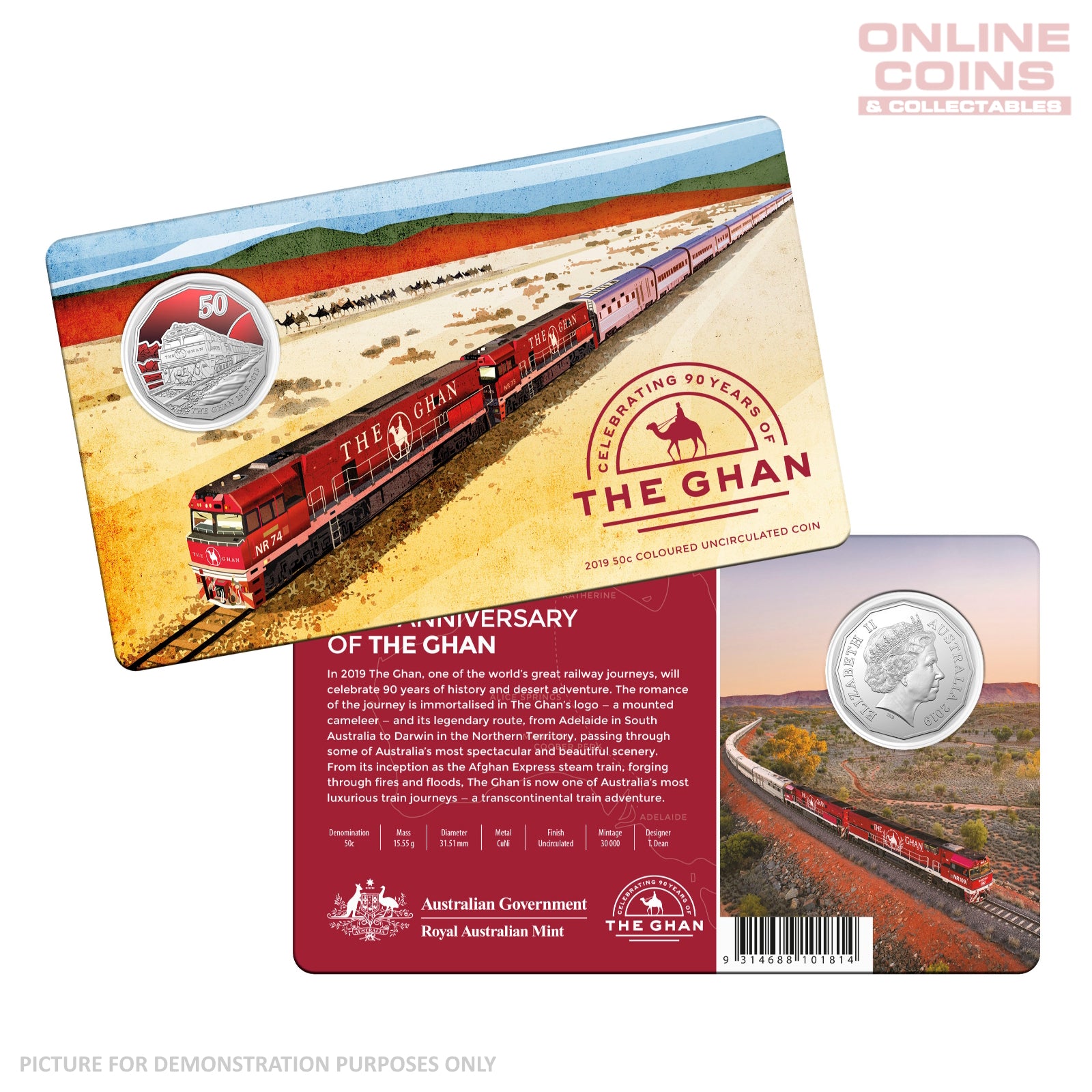 2019 50c CuNi Coloured Uncirculated Carded Coin - The Ghan